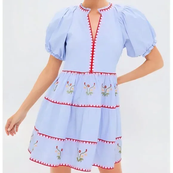 NWT Hyacinth House - S - Blue Pinstripe Embroidered V-Neck Lillian Mini Dress - Picture 2 of 8